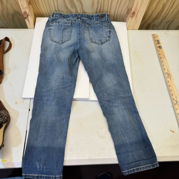 Democracy Flex-ellent Jeans EUC Womens sz 4 Distressed Patch Sequin Blue Denim - Picture 2 of 9